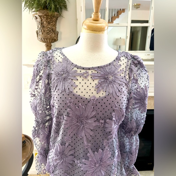 Anthro/Eva Franco Lace Floral Purple Polka Dot Sheer Top - Picture 3 of 9